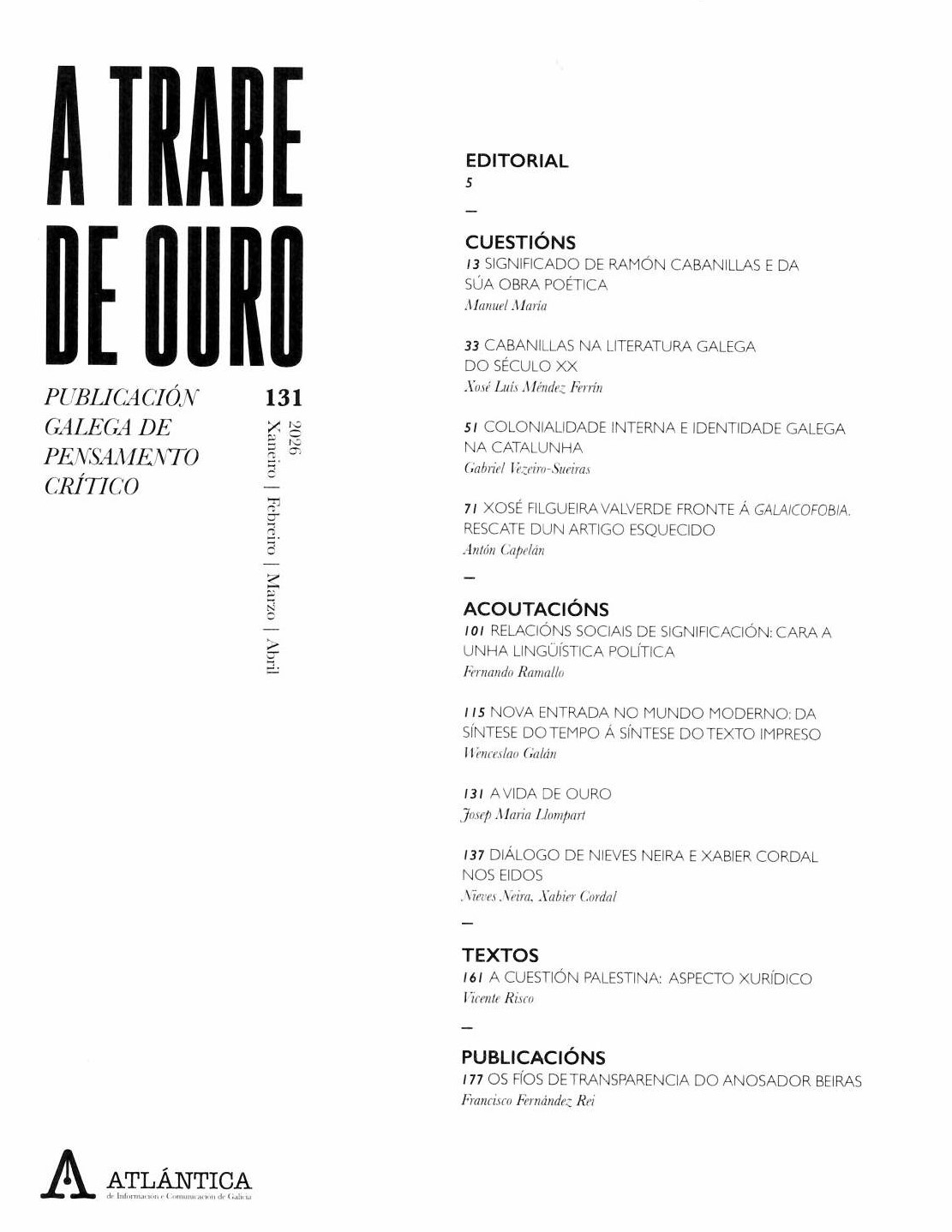 131.A TRABE DE OURO. PUBLICACIÓN GALEGA DE PENSAMENTO CRÍTICO.